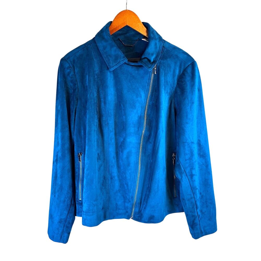 Chico’s Blue Moto Jacket Size 3 (US 16/18) Faux Suede Full Zip Zipper Sleeves